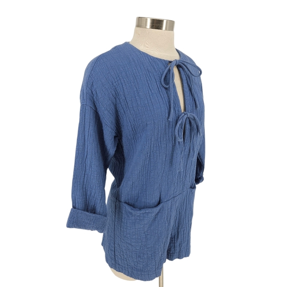 Zara Shorts Romper Blue Tie Front Long Sleeve One Piece Playsuit Pockets XS - Picture 3 of 5